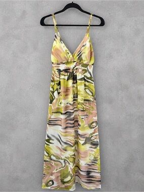 She’s Cool Maxi Dress Large 100% Cotton Abstract Print Smocked Spaghetti Strap